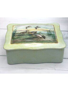 Vintage Ceramic Trinket Box With Duck & Marsh Scene Hand-Painted